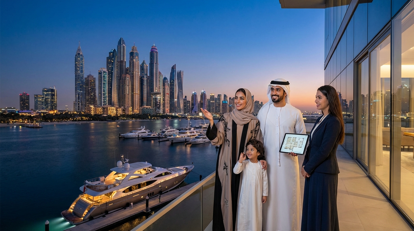 Dubai skyline with traditional Arabic architectural elements against a golden desert sunset