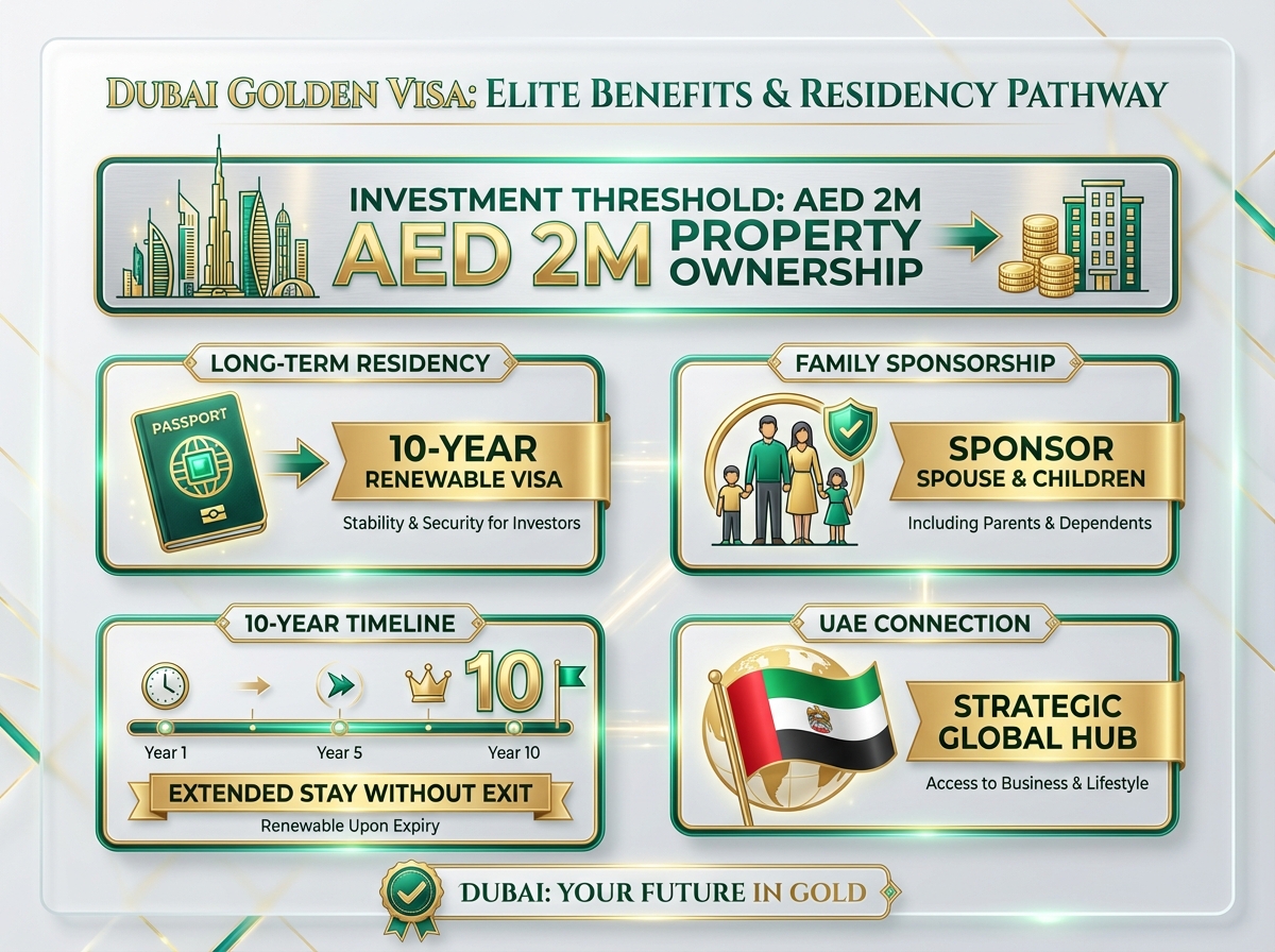Golden Visa requirements infographic showing the AED 2M minimum and 10-year duration